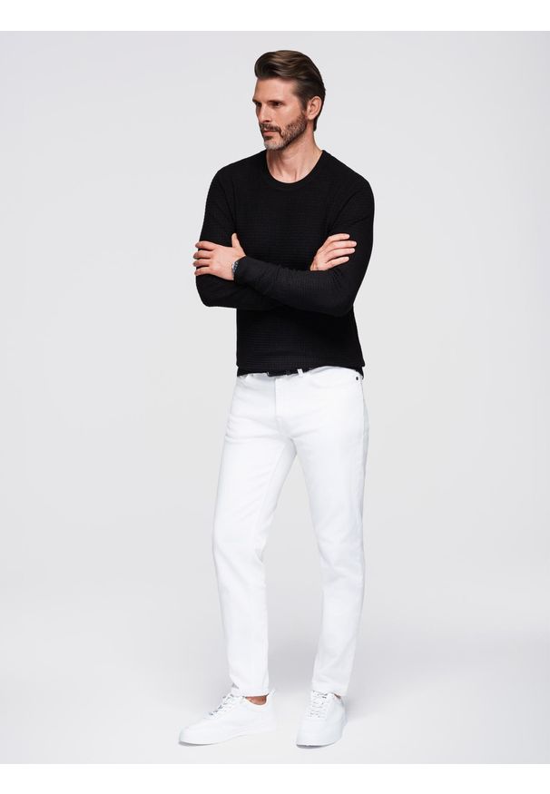Ombre Clothing - Strukturalny męski sweter z okrągłym dekoltem – czarny V3 - Rozmiar: XL. Okazja: na co dzień. Kolor: czarny. Materiał: wiskoza, dzianina, jeans, elastan, nylon. Wzór: ze splotem. Styl: casual