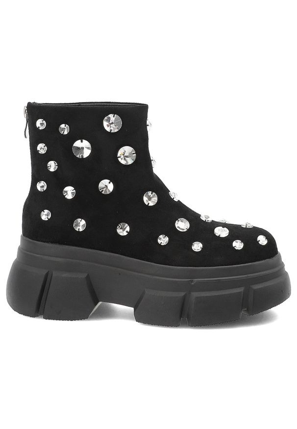 Czarne Botki S.Barski Modne Buty Damskie Na Platformie. Okazja: na co dzień. Kolor: czarny. Materiał: materiał. Wzór: aplikacja. Sezon: zima, jesień. Obcas: na platformie. Styl: glamour, casual, elegancki