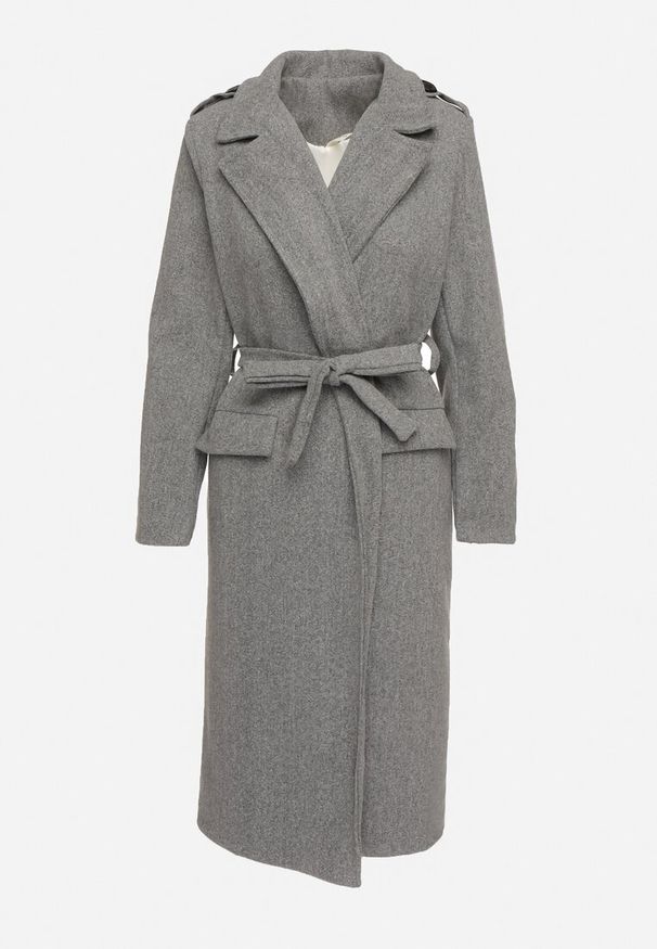Born2be - Ciemnoszary Długi Płaszcz Taliowany z Wiązanym Paskiem Seraphette. Kolor: szary. Materiał: materiał. Długość: długie