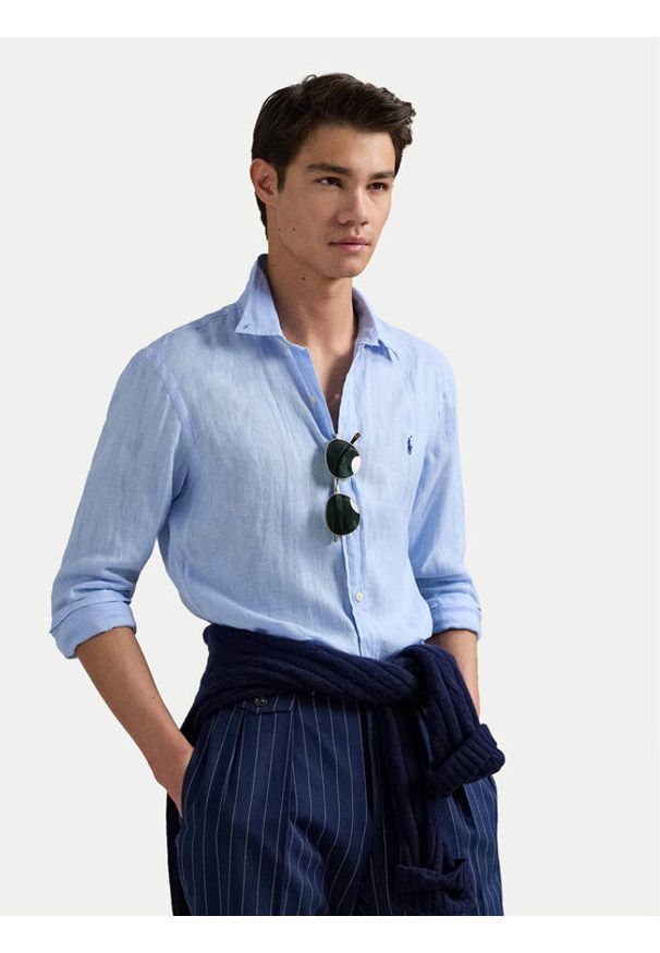 Polo Ralph Lauren Koszula 710968915008 Błękitny Slim Fit. Typ kołnierza: polo. Kolor: niebieski. Materiał: len