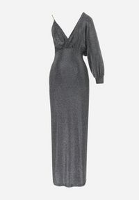 Born2be - Srebrna Błyszcząca Asymetryczna Sukienka Maxi z Rozcięciem i Kopertowym Dekoltem Aknasa. Kolor: srebrny. Materiał: materiał. Typ sukienki: asymetryczne, kopertowe. Długość: maxi #4