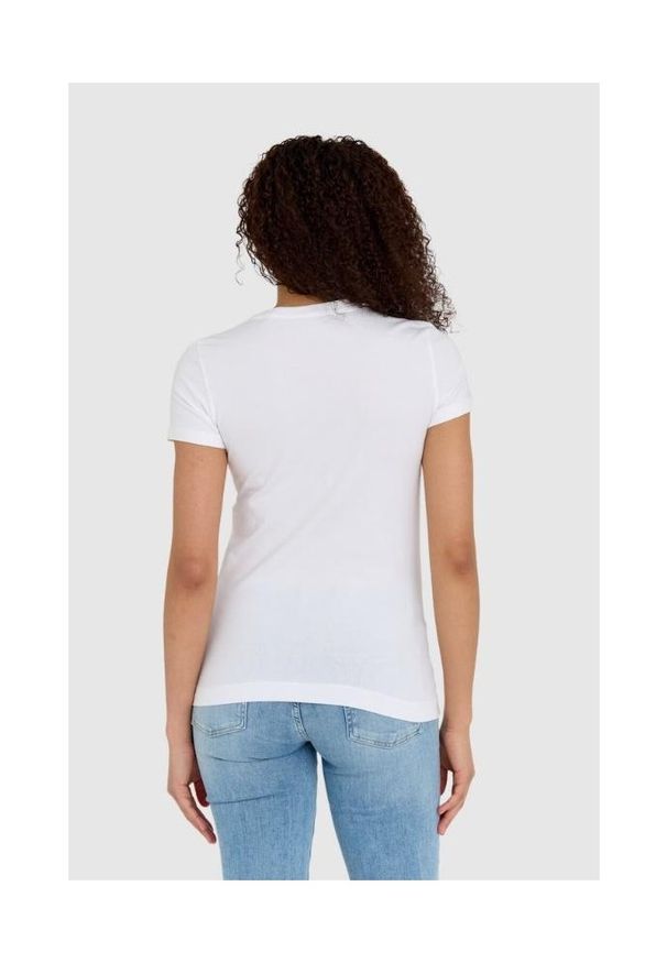 Guess - GUESS Biały t-shirt damski z logo z kwiatami i dżetami slim fit, Rozmiar S. Kolor: biały. Materiał: bawełna. Wzór: kwiaty