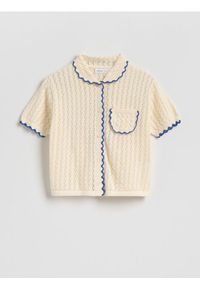 Reserved - Luźny kardigan z kołnierzykiem - kremowy. Kolor: kremowy. Materiał: dzianina, bawełna #1