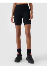 4f - 4F Legginsy kolarki treningowe bezszwowe damskie - czarne XS/S. Stan: podwyższony. Kolor: czarny. Materiał: dzianina, włókno, syntetyk, materiał, elastan. Długość: krótkie. Wzór: gładki, ze splotem, jednolity. Sport: fitness