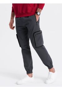 Ombre Clothing - Męskie spodnie JOGGERY z odstającymi i zapinanymi kieszeniami cargo - grafitowe V6 OM-PAJO-0135 - XXL. Kolor: szary. Materiał: bawełna, tkanina, elastan, guma. Wzór: nadruk #7