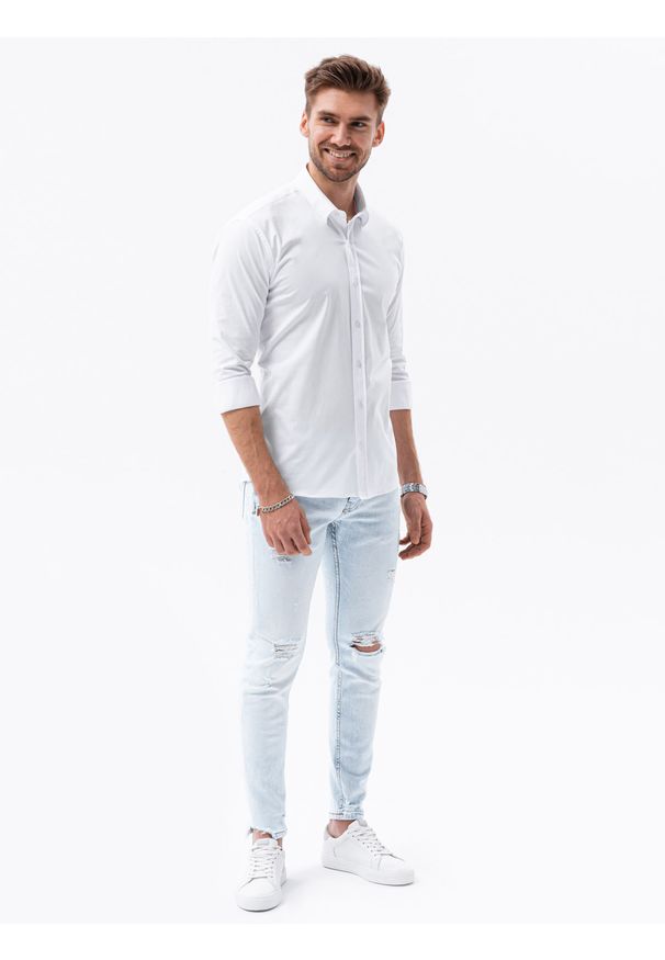 Ombre Clothing - Koszula męska slim z długim rękawem K504 - biała - XXL. Typ kołnierza: kołnierzyk klasyczny. Kolor: biały. Materiał: elastan, bawełna. Długość rękawa: długi rękaw. Długość: długie. Styl: klasyczny, elegancki