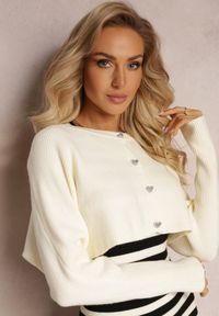 Renee - Jasnobeżowy Komplet 2-Częściowy Sukienka w Paski i Kardigan Krótki na Guziki Orivela. Kolor: beżowy. Wzór: paski #5