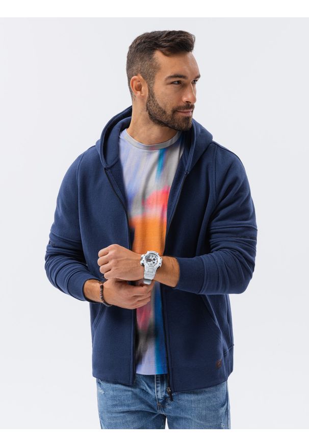 Ombre Clothing - Bluza męska rozpinana hoodie z nadrukami - granatowa V3 B1423 - XL. Kolor: niebieski. Materiał: poliester, elastan, bawełna. Wzór: nadruk