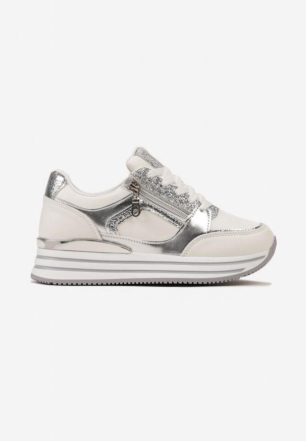 Renee - Srebrne Sneakersy z Metalicznymi Wstawkami i Brokatem na Grubej Podeszwie Anova. Kolor: biały. Materiał: skóra. Sezon: wiosna