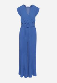 Born2be - Niebieski Kombinezon o Kopertowym Kroju z Plisami i Paskiem w Talii Salivania. Okazja: na studniówkę, na ślub cywilny, na wesele, na imprezę. Kolor: niebieski. Styl: elegancki, klasyczny #5