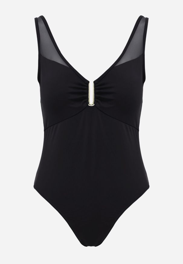Born2be - Czarny Strój Kąpielowy Jednoczęściowy z Metaliczną Ozdobą i Marszczeniem Chelviane. Kolekcja: plus size. Kolor: czarny. Wzór: aplikacja