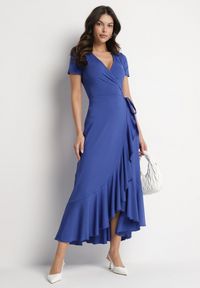 Born2be - Niebieska Sukienka z Paskiem Kopertowa Ozdobiona Falbanami Wleffia. Okazja: na spacer. Typ kołnierza: dekolt w kształcie V. Kolor: niebieski. Długość rękawa: krótki rękaw. Wzór: aplikacja. Sezon: wiosna, lato. Typ sukienki: kopertowe. Styl: elegancki #3