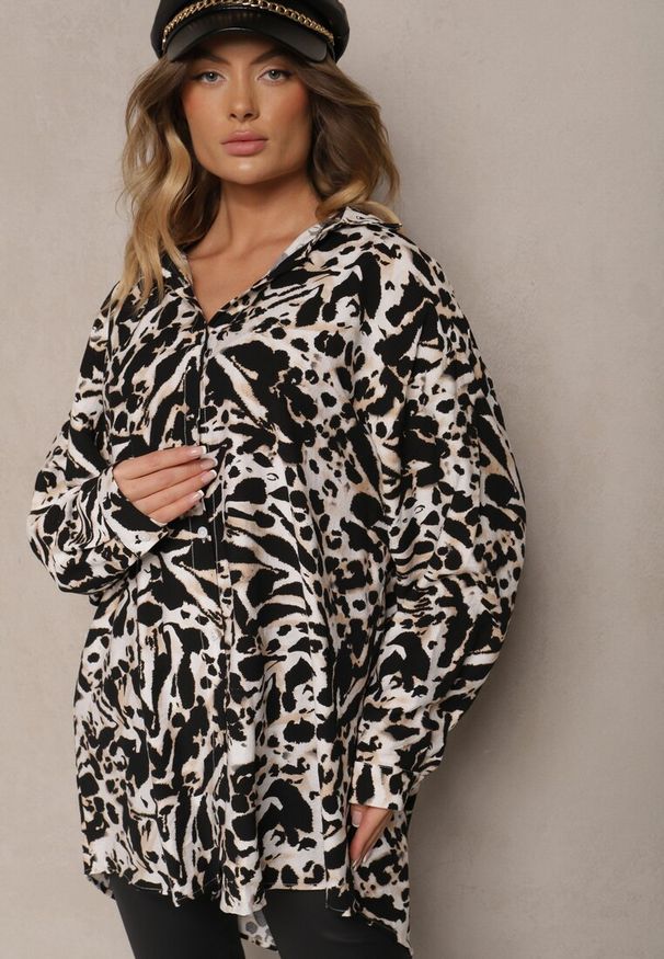 Renee - Beżowa Koszula z Wiskozy z Lnem i Abstrakcyjnym Wzorem Emariline. Okazja: na co dzień. Kolor: beżowy. Materiał: wiskoza, len. Styl: casual, wizytowy