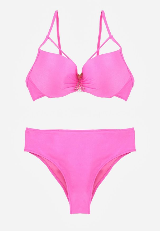 Born2be - Różowe Bikini Majtki Figi i Biustonosz z Paskami i Perłową Aplikacją Cahresha. Kolor: różowy. Wzór: aplikacja