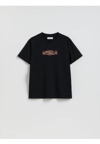 Reserved - T-shirt regular z bawełny merceryzowanej - czarny. Kolor: czarny. Materiał: bawełna #1