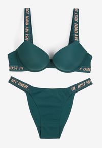 Born2be - Ciemnozielony Komplet Biustonosz Push-Up i Wycięte Majtki Figi Ozdobione Napisami Bralara. Kolor: zielony. Materiał: materiał. Wzór: aplikacja, napisy #5