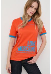 Love Moschino t-shirt bawełniany kolor pomarańczowy. Okazja: na co dzień. Kolor: pomarańczowy. Materiał: bawełna. Długość rękawa: krótki rękaw. Długość: krótkie. Styl: casual #2