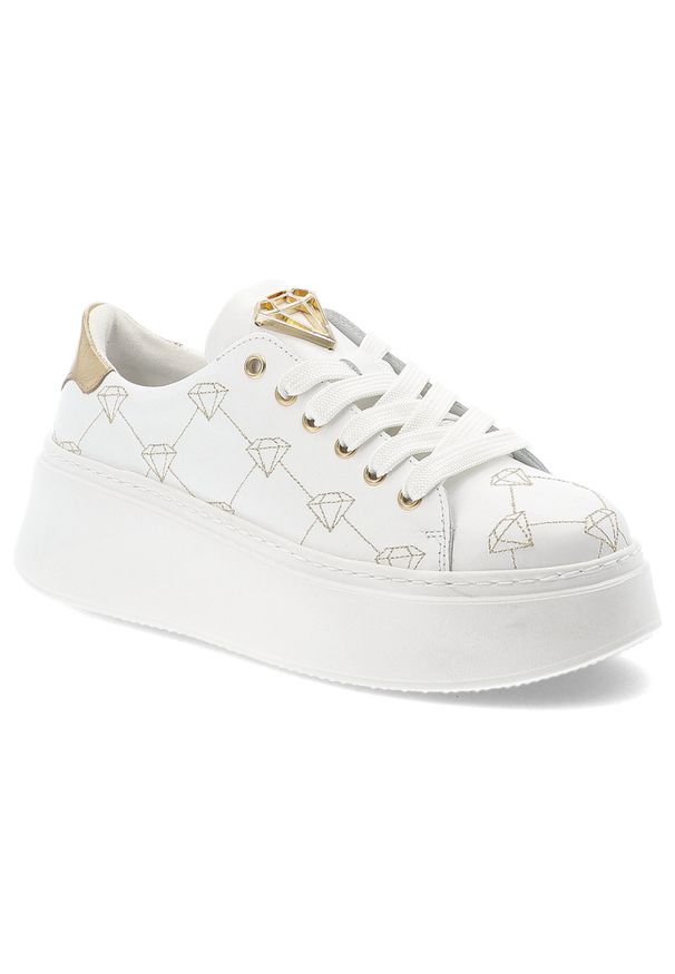Białe Sneakersy Armodo Stylowe Obuwie Damskie Na Platformie. Okazja: na co dzień. Zapięcie: sznurówki. Kolor: biały. Materiał: materiał, skóra. Wzór: aplikacja. Obcas: na platformie. Styl: elegancki
