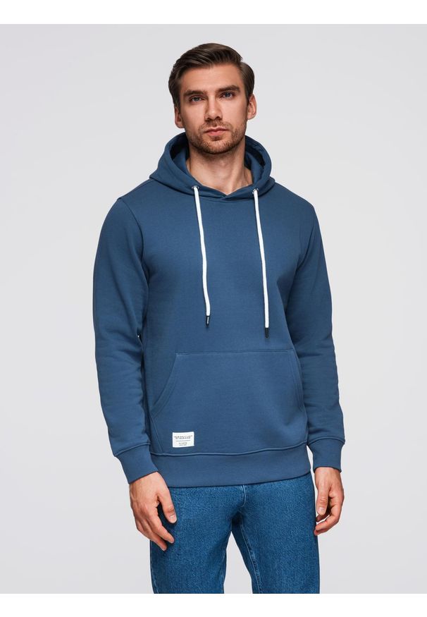 Ombre Clothing - Bluza męska dresowa kangurka z kapturem - granatowa V4 - Rozmiar: XXL. Okazja: na co dzień. Typ kołnierza: kaptur. Kolor: niebieski. Materiał: dresówka. Wzór: aplikacja. Styl: klasyczny, casual