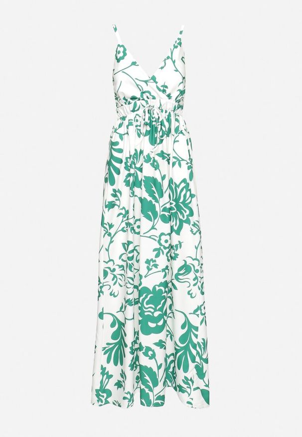 Born2be - Zielono-Biała Sukienka na Regulowanych Ramiączkach z Gumkami na Plecach Ściągana Troczkiem Harnela. Okazja: na co dzień. Kolor: zielony. Długość rękawa: na ramiączkach. Typ sukienki: proste. Styl: elegancki, casual, klasyczny