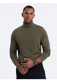 Ombre Clothing - Longsleeve męski z golfem - ciemnooliwkowy V4 - Rozmiar: XL. Typ kołnierza: golf. Kolor: oliwkowy. Materiał: elastan, bawełna. Długość rękawa: długi rękaw #1