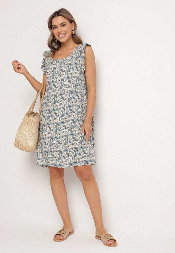 Born2be - Niebieska Rozkloszowana Sukienka Bawełniana bez Rękawów w Wzór Paisley Tullio. Okazja: na co dzień. Kolor: niebieski. Materiał: bawełna. Długość rękawa: bez rękawów. Wzór: paisley. Styl: elegancki, casual