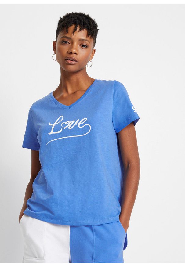 bonprix - Shirt z nadrukiem. Typ kołnierza: dekolt w serek. Kolor: niebieski. Wzór: nadruk