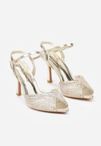 Born2be - Złote Sandały na Szpilce z Cyrkoniami Aurefera. Okazja: na co dzień. Zapięcie: sprzączka. Kolor: złoty. Materiał: jeans. Wzór: aplikacja. Obcas: na szpilce. Styl: casual, elegancki #7