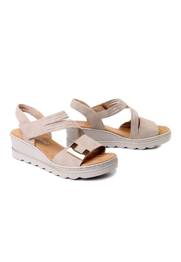 Rieker - RIEKER 67410-62 beige, sandały damskie. Zapięcie: rzepy. Kolor: beżowy. Obcas: na koturnie