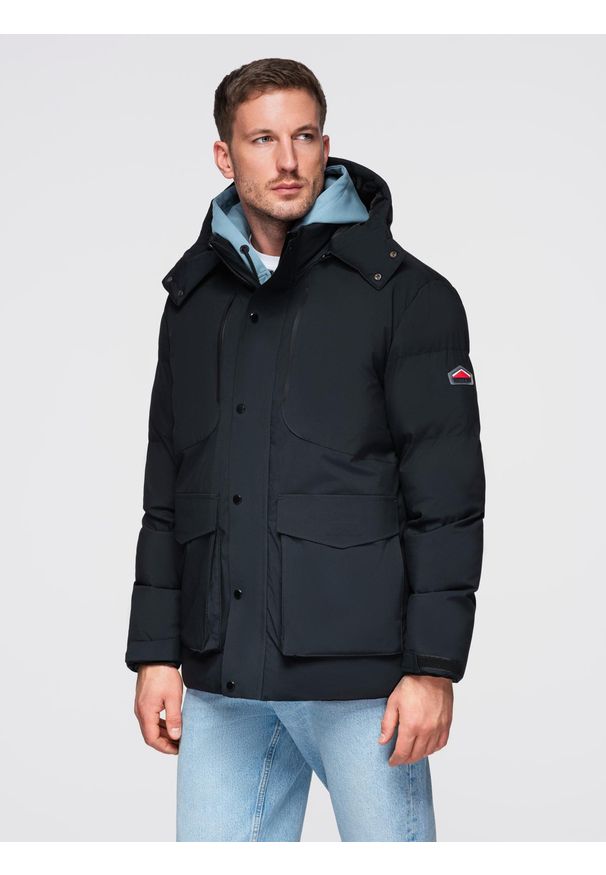 Ombre Clothing - Zimowa kurtka męska z odpinanym kapturem z wodoodpornego materiału - czarna V3 - Rozmiar: XXL. Okazja: na co dzień. Kolor: czarny. Materiał: materiał. Sezon: zima. Styl: casual, sportowy