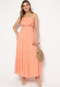 Born2be - Pomarańczowa Sukienka Fahiza. Typ kołnierza: dekolt kwadratowy. Kolor: różowy. Materiał: wiskoza, tkanina. Długość rękawa: na ramiączkach. Wzór: gładki, ażurowy. Sezon: lato. Styl: boho #5