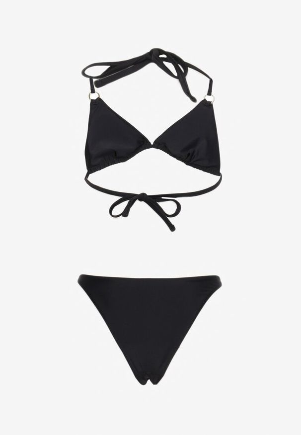 Born2be - Czarne Bikini Dwuczęściowe z Wiązaną Górą i Metalicznymi Kółeczkami Zorion. Kolor: czarny