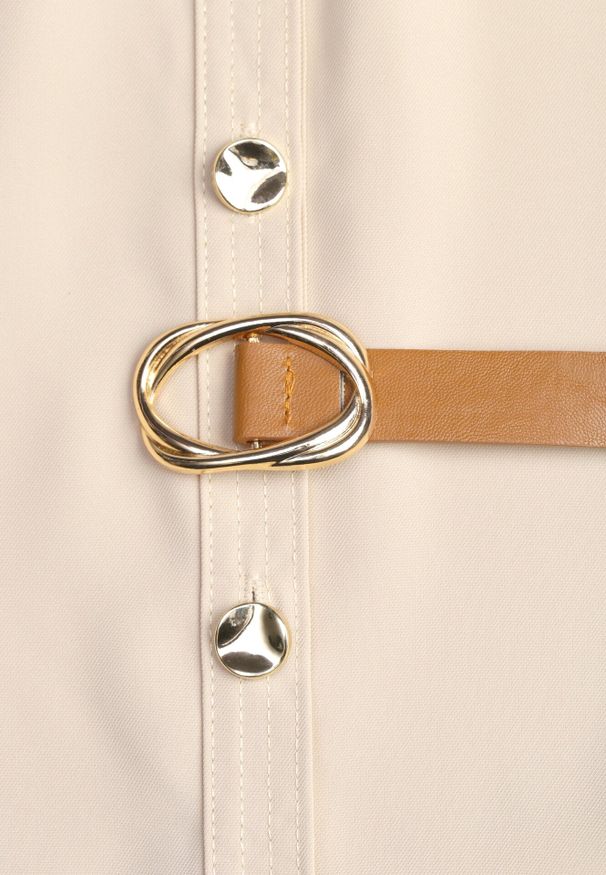 Born2be - Beżowa Sukienka Koszulowa z Regulowanymi Rękawami i Paskiem w Talii Esarivia. Okazja: na co dzień, na spotkanie biznesowe. Kolor: beżowy. Typ sukienki: koszulowe. Styl: wizytowy, casual, biznesowy