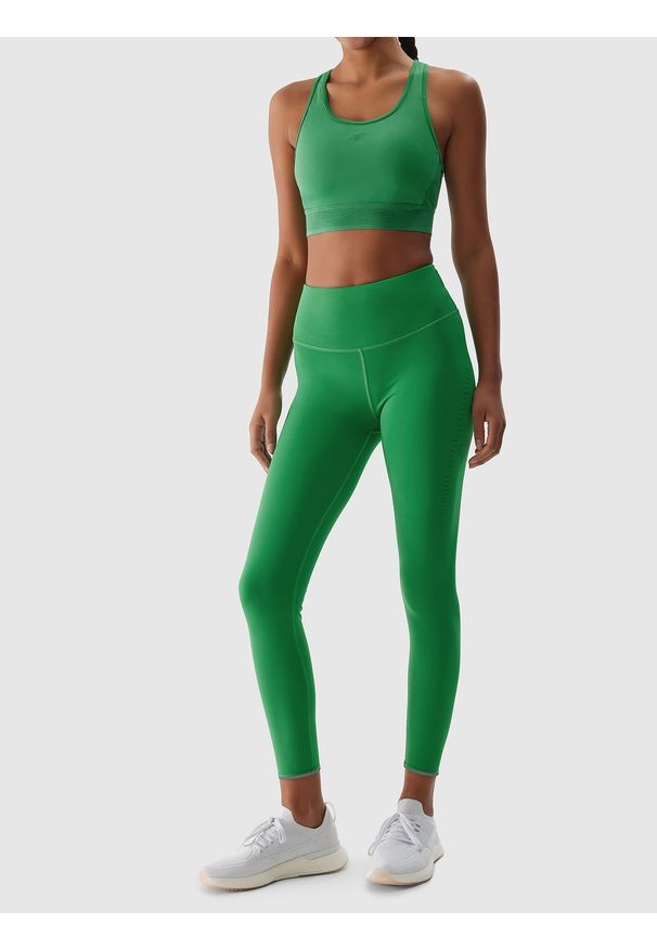 4f - 4F Legginsy do biegania szybkoschnące damskie - zielone S. Stan: podwyższony. Kolor: zielony. Materiał: elastan, włókno, dzianina, materiał, syntetyk. Długość: do kostek. Wzór: ze splotem, gładki, jednolity. Sport: bieganie, fitness