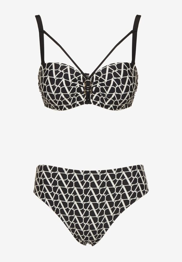 Born2be - Czarne Bikini Biustonosz z Ozdobnymi Paskami i Majtki Figi Linadora. Kolor: czarny. Wzór: haft