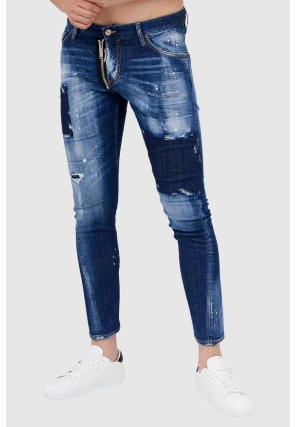 DSQUARED2 Niebieskie jeansy męskie sexy twist jean. Kolor: niebieski. Wzór: aplikacja