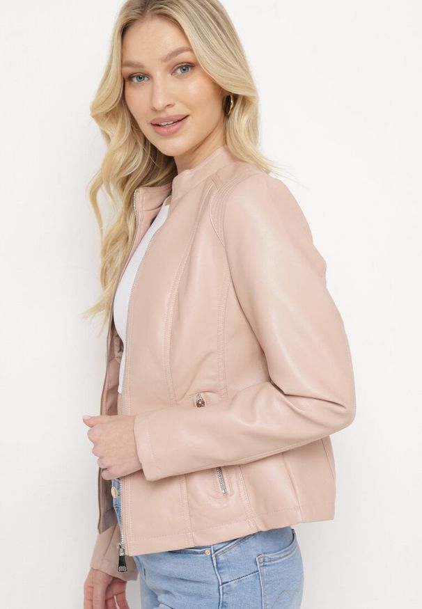 Born2be - Różowa Kurtka Ramoneska Ekoskóry z Kieszeniami na Suwaki Leobia. Kolor: różowy. Materiał: jeans. Długość rękawa: długi rękaw. Długość: długie. Styl: rockowy, elegancki