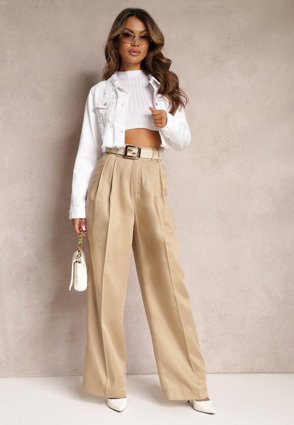 Renee - Beżowe Szerokie Spodnie High Waist z Kieszeniami Keanne. Okazja: na co dzień. Stan: podwyższony. Kolekcja: dla wysokich. Kolor: beżowy. Styl: casual
