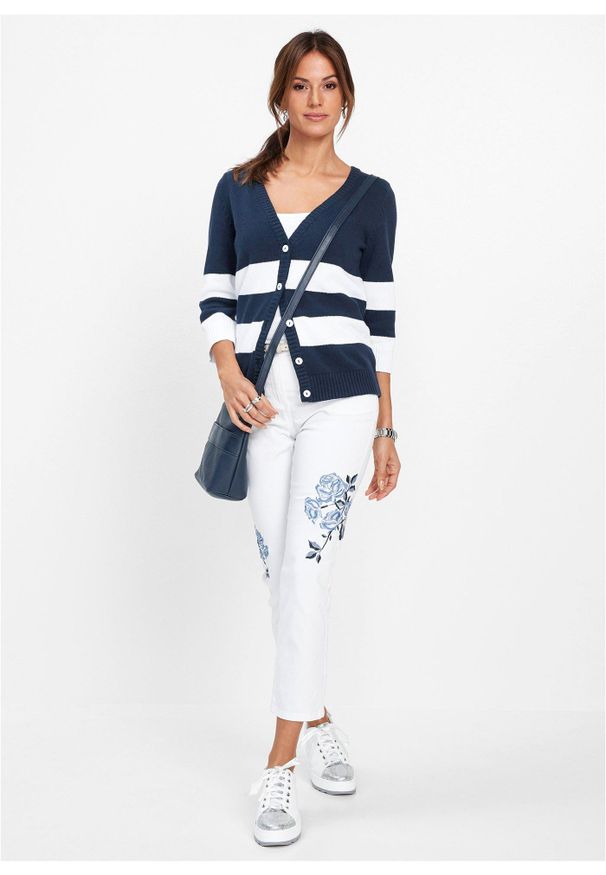 bonprix - Kardigan z bawełny. Kolor: niebieski. Materiał: bawełna. Wzór: gładki, paski. Styl: elegancki