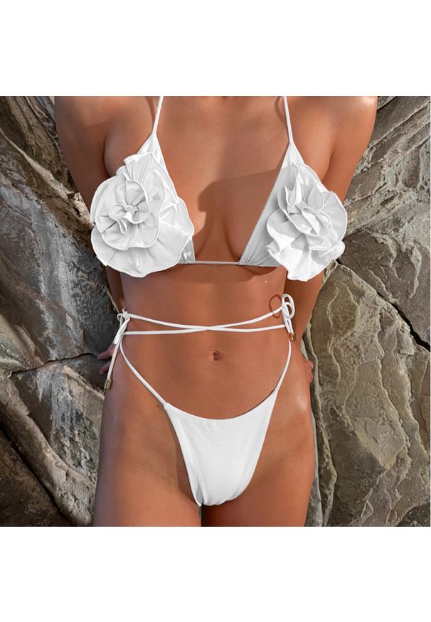 Intica - Bikini z regulowanym wiązaniem i kwiatowym wzorem na lato Filippina. Kolor: biały. Materiał: materiał. Wzór: kwiaty