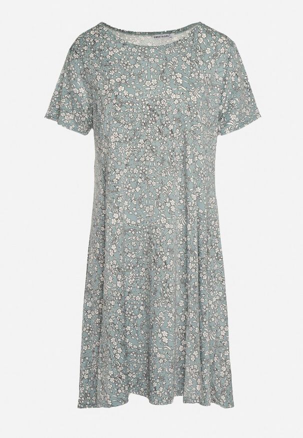 Born2be - Zielona Sukienka Mini w Drobne Kwiatki z Elastycznej Wiskozy Megarra. Kolor: zielony. Materiał: wiskoza. Wzór: kwiaty. Długość: mini