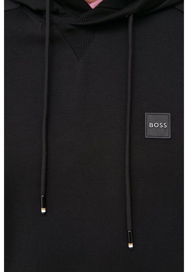BOSS bluza męska kolor czarny z kapturem gładka. Typ kołnierza: kaptur. Kolor: czarny. Materiał: materiał. Długość rękawa: raglanowy rękaw. Wzór: gładki