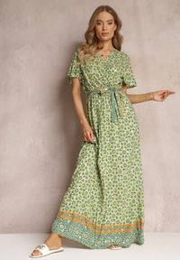 Renee - Zielona Sukienka Maxi z Paskiem i Gumką w Talii w Ornamentalny Wzór Calvim. Kolor: zielony. Długość: maxi #3