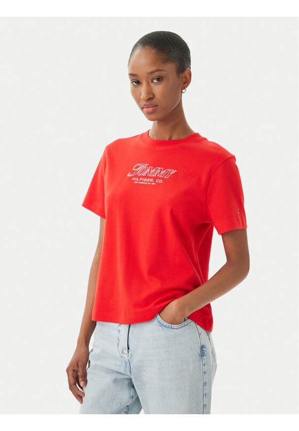 TOMMY HILFIGER - Tommy Hilfiger T-Shirt Logo Interlock WW0WW48707 Czerwony Regular Fit. Kolor: czerwony. Materiał: bawełna