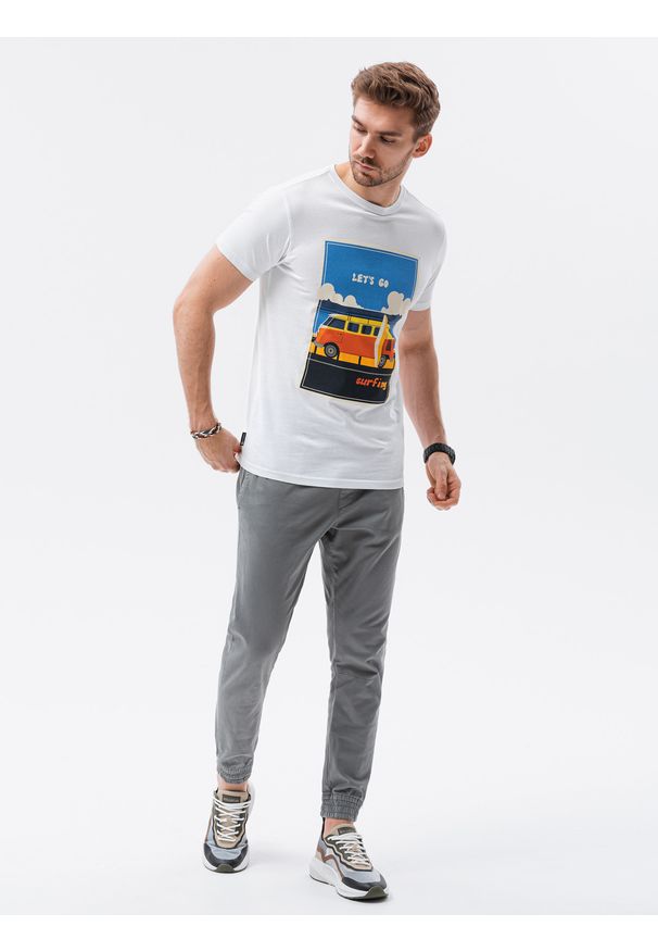 Ombre Clothing - T-shirt męski z nadrukiem S1434 V-8A - biały - XXL. Kolor: biały. Materiał: bawełna. Wzór: nadruk. Styl: klasyczny