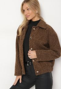 Born2be - Brązowa Kurtka Koszulowa z Gumką w Pasie Stylizowana na Wełnianą Unelises. Okazja: na co dzień. Kolor: brązowy. Materiał: wełna. Styl: casual, klasyczny #3