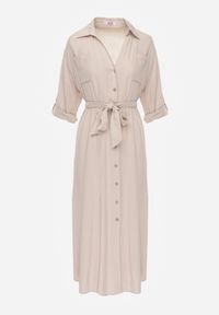 Renee - Beżowa Koszulowa Sukienka z Bawełny z Wiązanym Paskiem i Podpinanymi Rękawami Cesela. Okazja: na co dzień. Kolor: beżowy. Materiał: bawełna. Typ sukienki: koszulowe. Styl: boho, casual #4