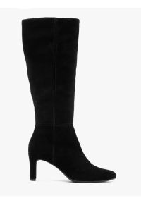 Ryłko - Czarne kozaki z szeroką cholewką. Zapięcie: zamek. Kolor: czarny. Materiał: skóra, welur. Szerokość cholewki: szeroka. Obcas: na obcasie. Styl: elegancki, street. Wysokość obcasa: średni #1