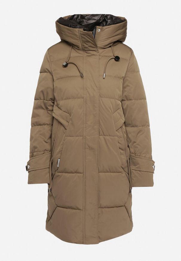 Born2be - Ciemnozielona Kurtka Pikowana z Przeszyciami i Nieodpinanym Kapturem Ombrelia. Okazja: na co dzień. Kolor: zielony. Materiał: jeans. Styl: casual