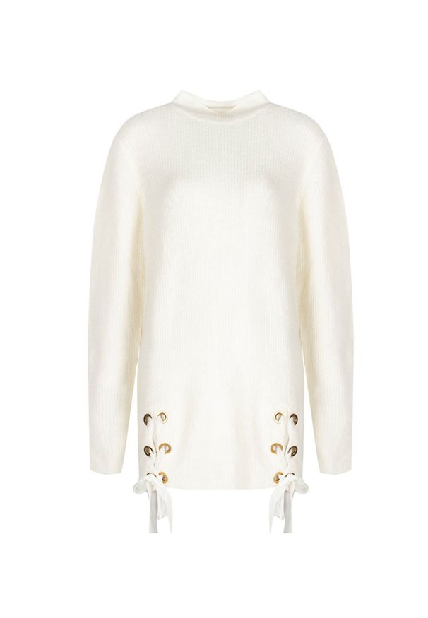 Trussardi Jeans Sweter | 56M00149 0F000210 | Kobieta | Beżowy. Okazja: na co dzień. Typ kołnierza: kołnierzyk stójkowy. Kolor: beżowy. Materiał: akryl, elastan, nylon, wełna. Długość rękawa: długi rękaw. Długość: długie. Styl: casual